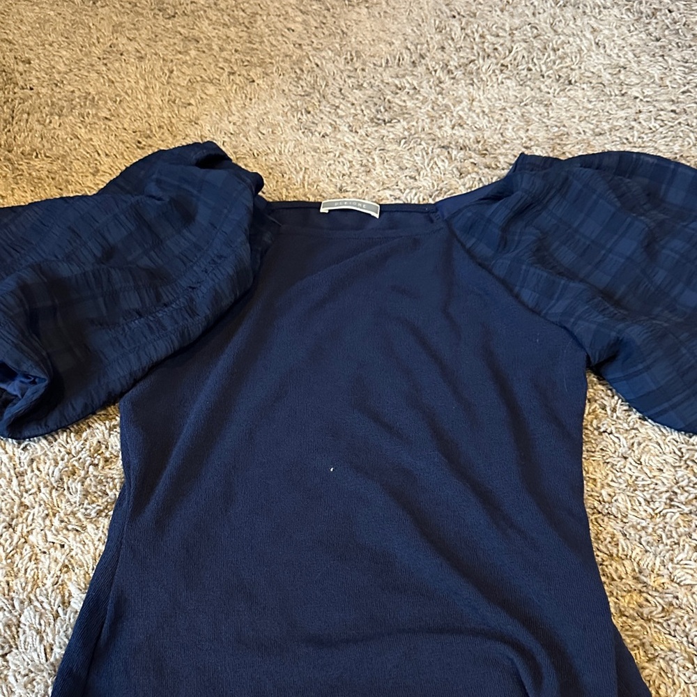 Elegant Navy Blue Women's Top small with ruffle sleeves